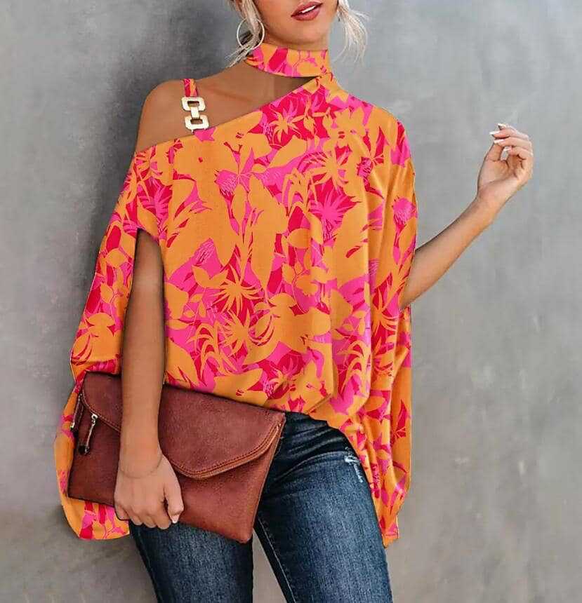 Printed Loose Top with Choker Neck and One-Shoulder Cutout