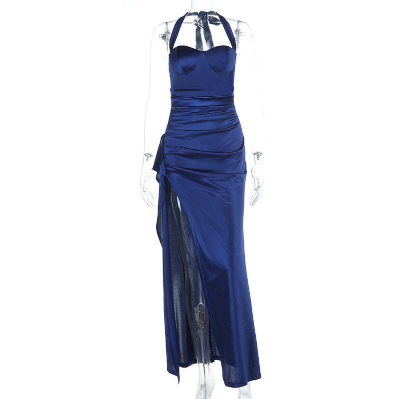 Bodycon Satin Maxi Dress with Halter Neck and High Slit