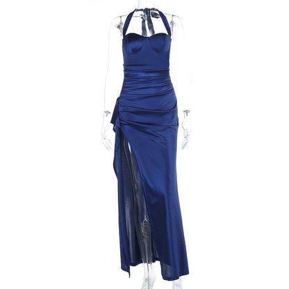 Bodycon Satin Maxi Dress with Halter Neck and High Slit
