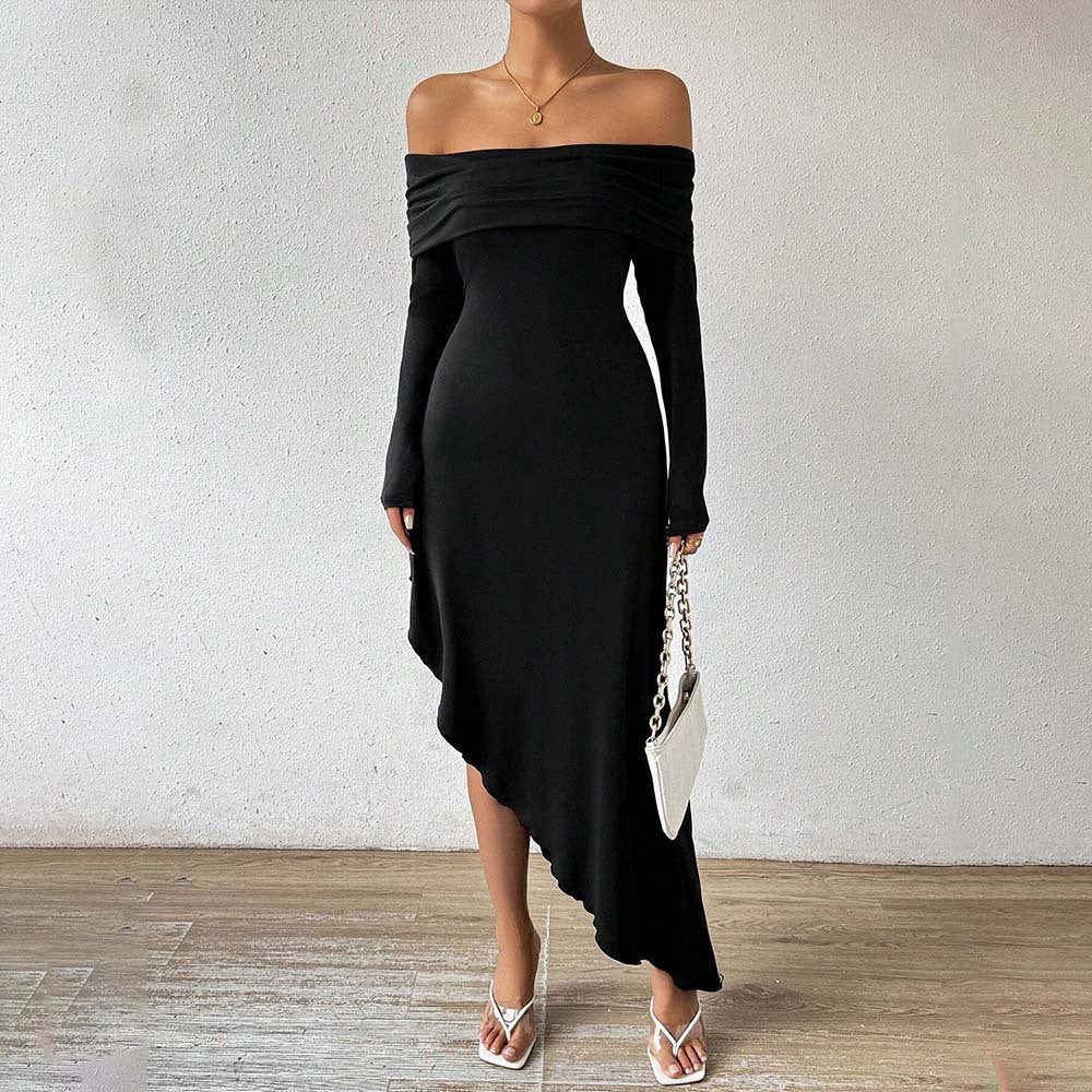 Bodycon Off-the-Shoulder Dress with Asymmetrical Ruffle Hem