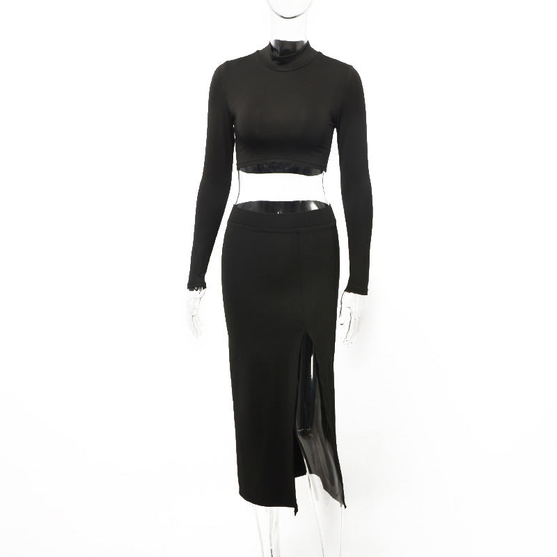 Solid Bodycon Two-Piece Set with Mock Neck Crop Top and High-Slit Skirt