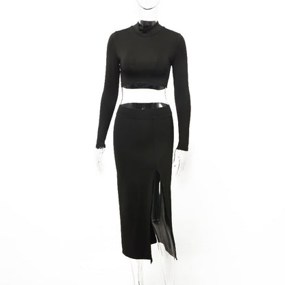 Solid Bodycon Two-Piece Set with Mock Neck Crop Top and High-Slit Skirt