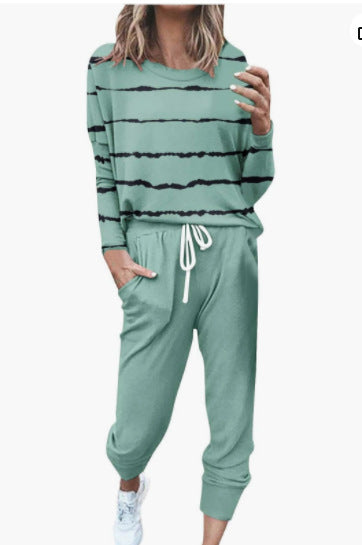 Spliced Long Sleeve Loungewear Set with Jogger Pants