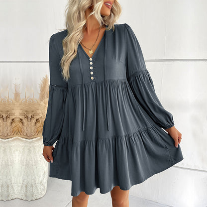 Loose Tiered Mini Dress with V-Neck and Button Front