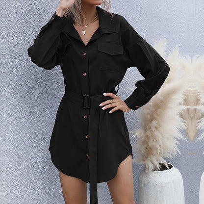 Solid Long-Sleeve Lapel Shirt Dress with Belted Waist