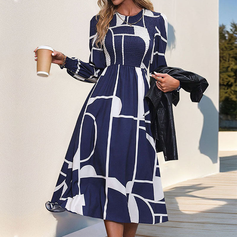 Geometric A-Line Midi Dress with Smocked Bodice