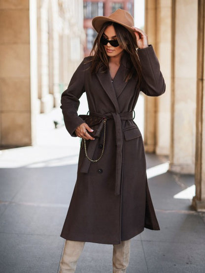 Solid Long Trench Coat with Belt and Lapel Collar