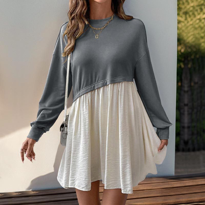 Color Block Loose Dress with Spliced Layered Design