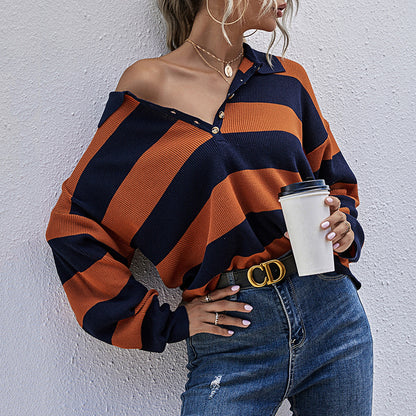 Oversized Striped Knit Sweater with Polo Collar