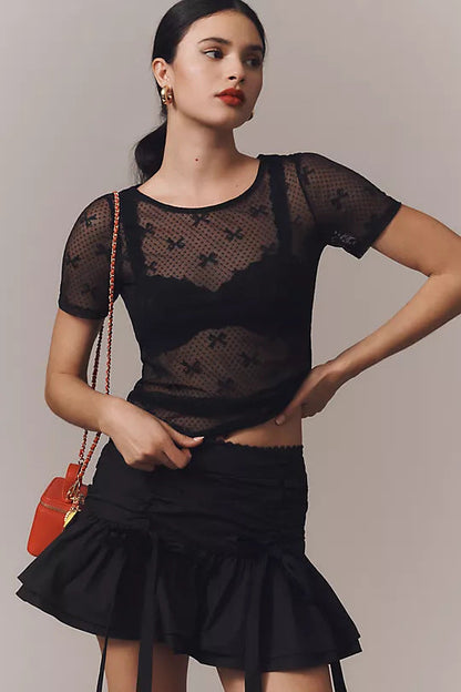 Sheer Bow-Pattern Mesh Top with Crew Neck and Short Sleeves