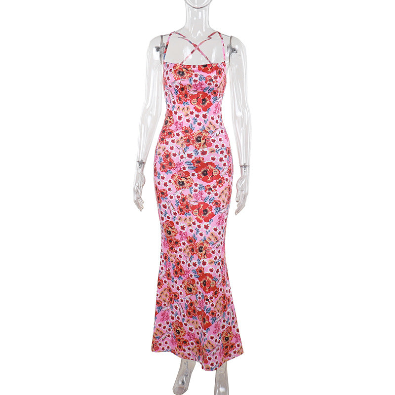 Elegant Slim Strap Printed Dress Bright Color