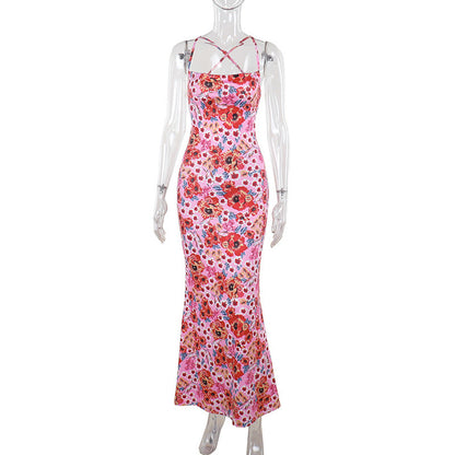 Elegant Slim Strap Printed Dress Bright Color