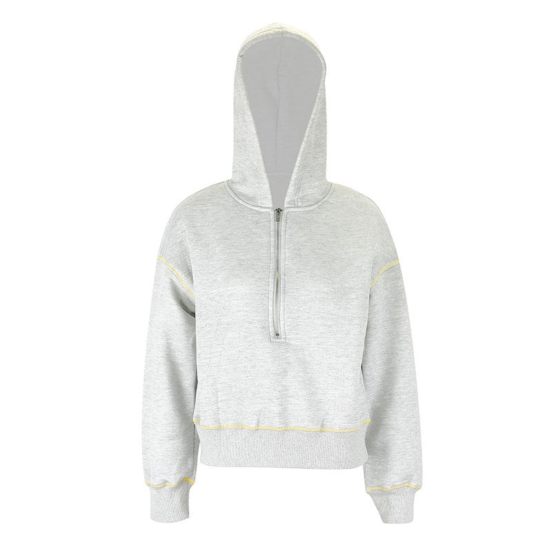 Cropped Hooded Sweatshirt with Quarter-Zip and Contrast Stitching
