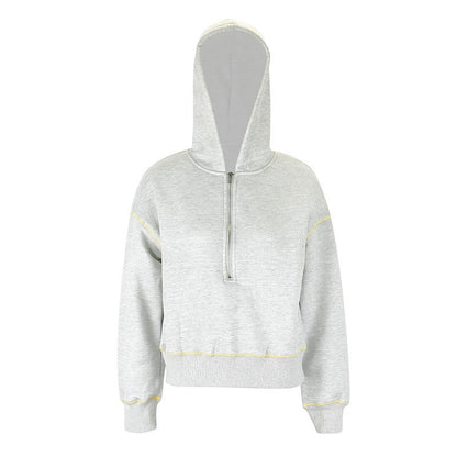 Cropped Hooded Sweatshirt with Quarter-Zip and Contrast Stitching