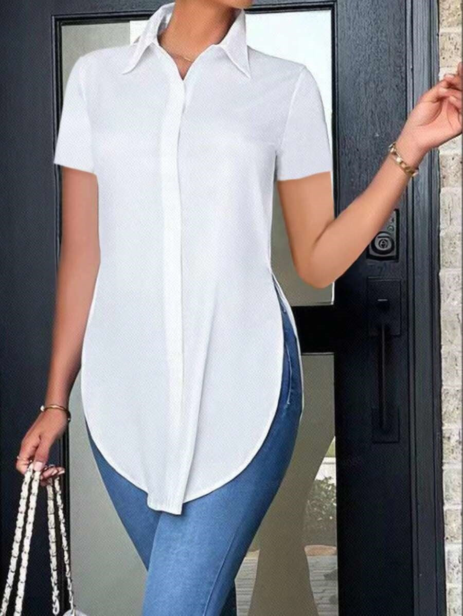 Short Sleeve Button-Down Shirt with Curved High-Low Hem
