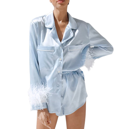 Solid Satin Pajama Set with Feather Trim Cuffs