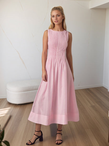 Sleeveless A-Line Midi Dress with Pleated Bodice