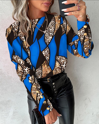 Geometric & Leopard Print Blouse with Round Neck and Button Cuffs