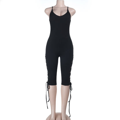 Bodycon Cropped Jumpsuit with Lace-Up Eyelet Detail