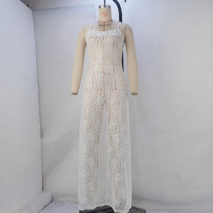 Sleeveless U-Collar Long Slip Dress With Lace Detail Solid Color