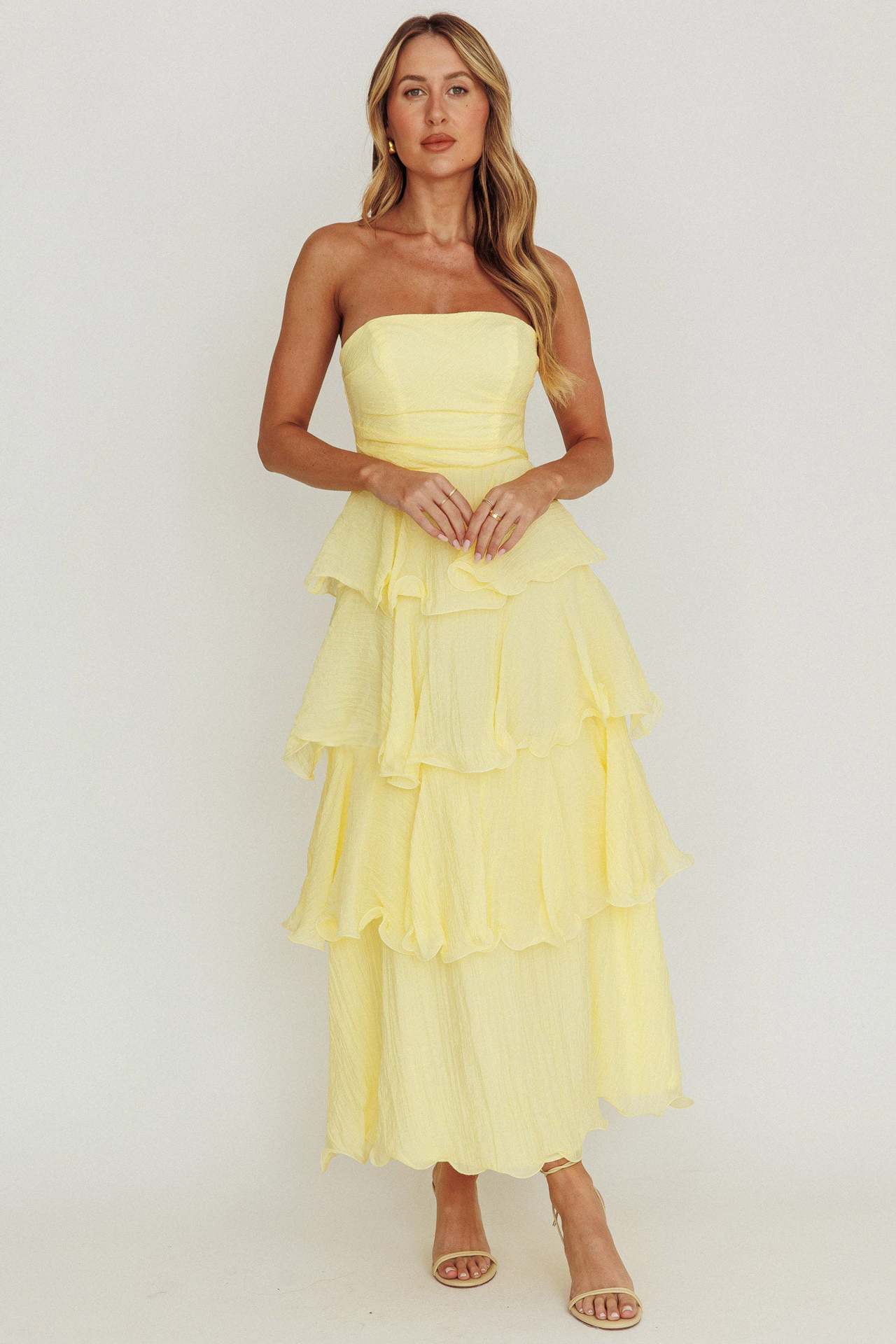 Strapless Tiered Midi Dress with Layered Ruffles