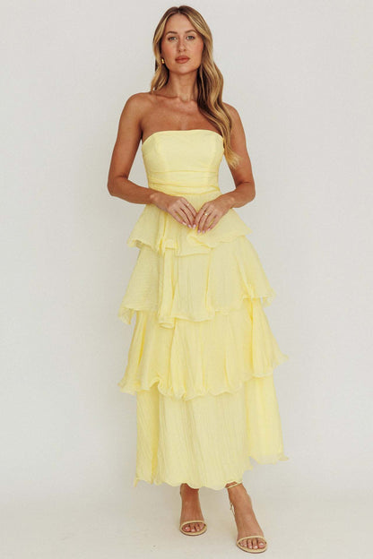 Strapless Tiered Midi Dress with Layered Ruffles