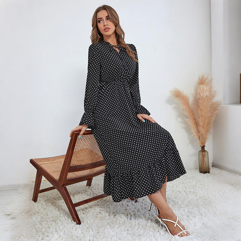 Polka Dot A-Line Midi Dress with Tie-Neck and Flared Sleeves