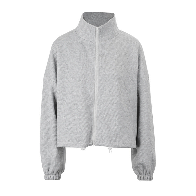 Oversized Zip-Up Jacket with Stand Collar and Drawstring Hem