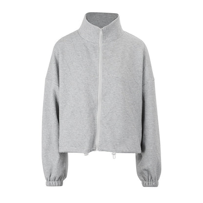 Oversized Zip-Up Jacket with Stand Collar and Drawstring Hem