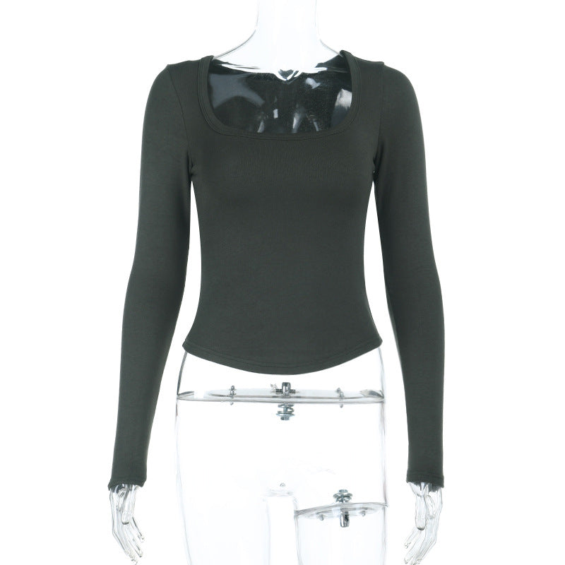 Slim-Fit U-Neck Long Sleeve Crop Top with Curved Hem