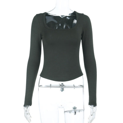 Slim-Fit U-Neck Long Sleeve Crop Top with Curved Hem