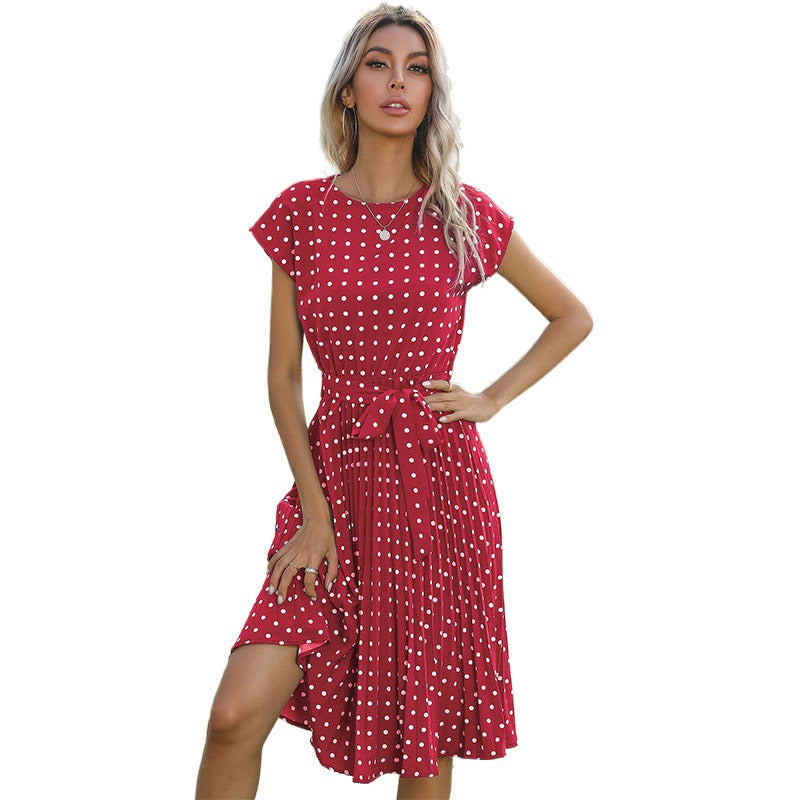 Polka Dot A-Line Midi Dress with Cap Sleeves and Tie Waist