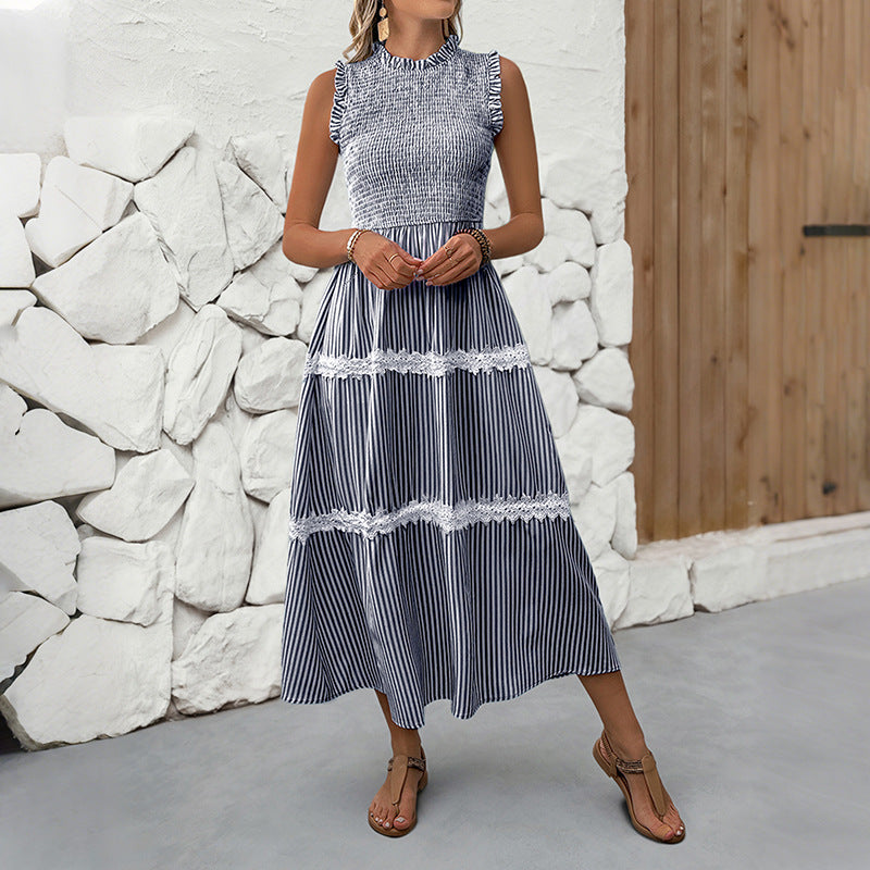 Striped A-Line Midi Dress with Smocked Bodice and Lace Trim
