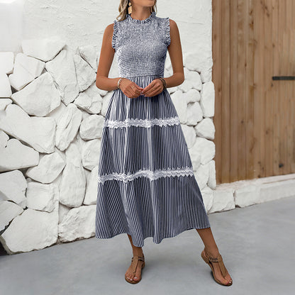 Striped A-Line Midi Dress with Smocked Bodice and Lace Trim