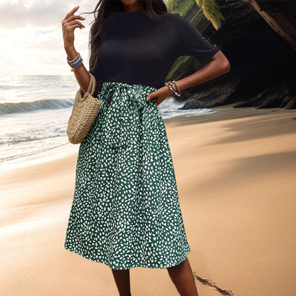 A-Line Midi Skirt with Abstract Print and Tie-Up Waist
