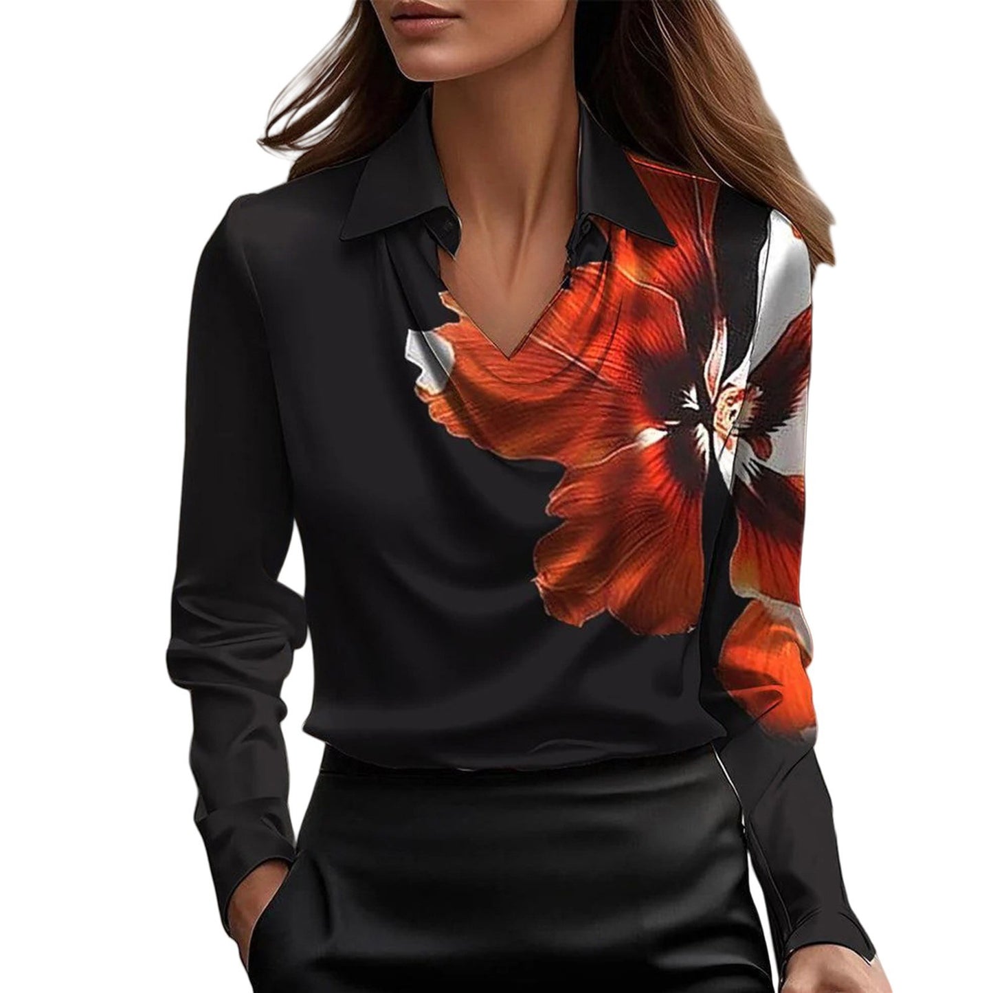 Solid Satin-Effect Blouse with Cowl Neck and Long Sleeves