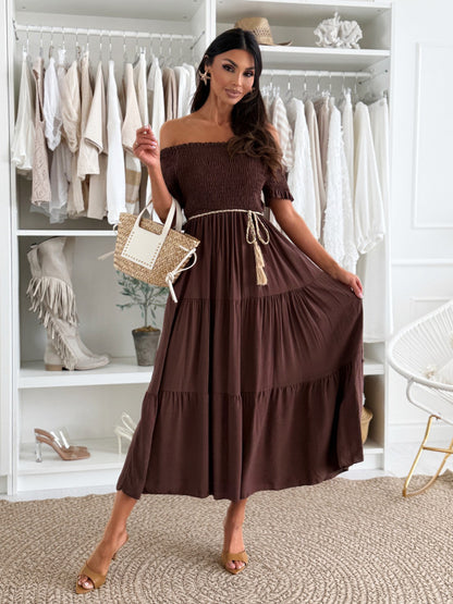Smocked Off-Shoulder Maxi Dress with Tiered Skirt