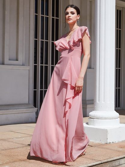 Flowy Maxi Dress with Ruffled V-Neck and Ruffled Short Sleeves