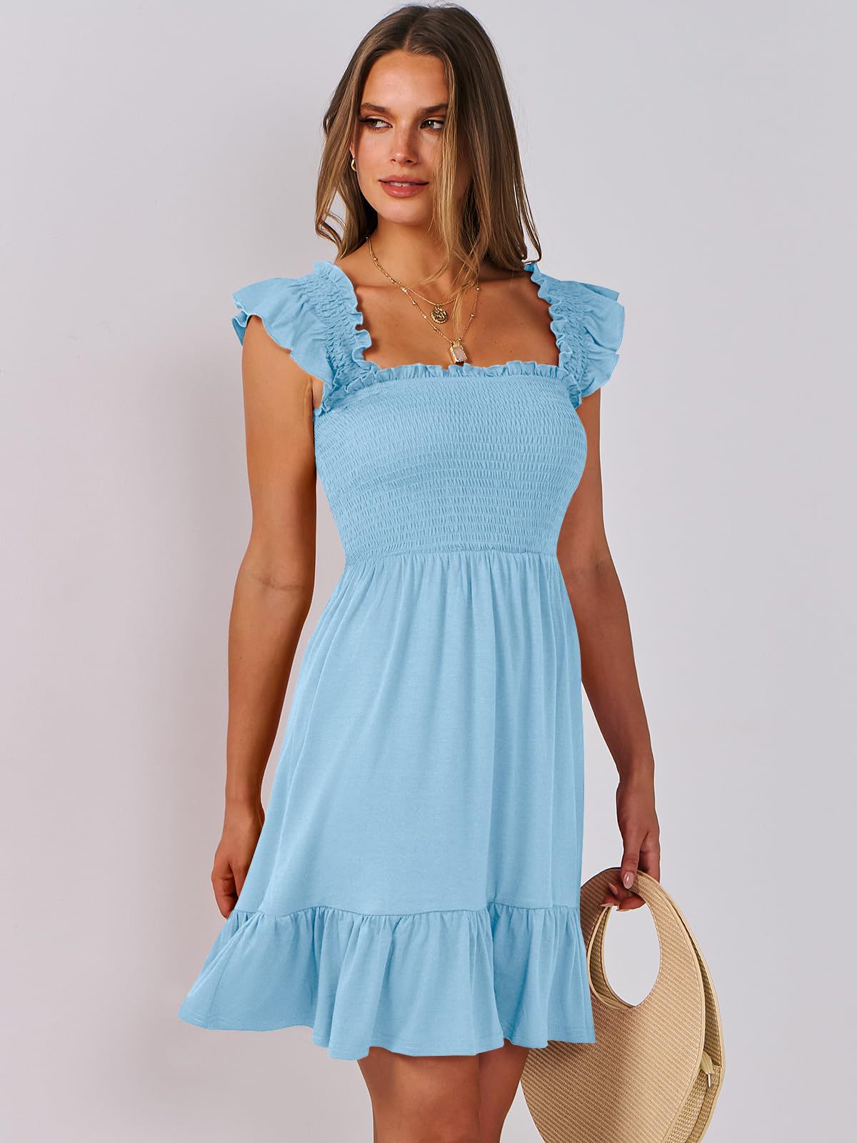 Smocked A-Line Mini Dress with Flutter Sleeves and Ruffle Hem