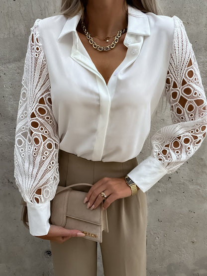 Solid Blouse with Cut-Out Lace Splicing Sleeves and Lapel Collar