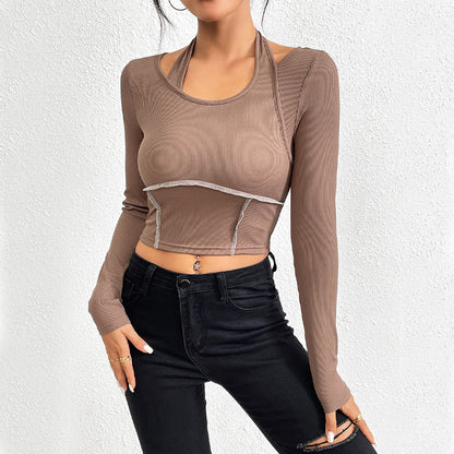 Ribbed Long Sleeve Crop Top with Halter Neck and Contrast Seams