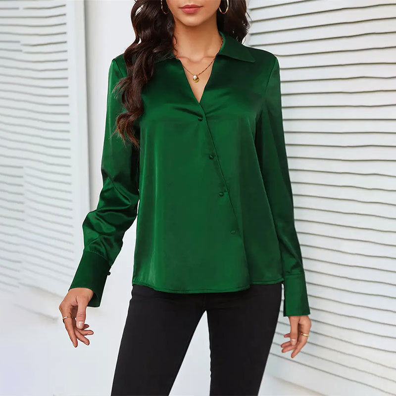 Solid Satin Blouse with Asymmetrical Button V-Neck