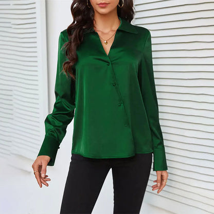 Solid Satin Blouse with Asymmetrical Button V-Neck