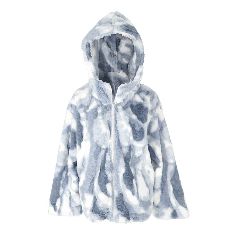Tie-Dyed Faux Fur Jacket with Hood and Zipper Front
