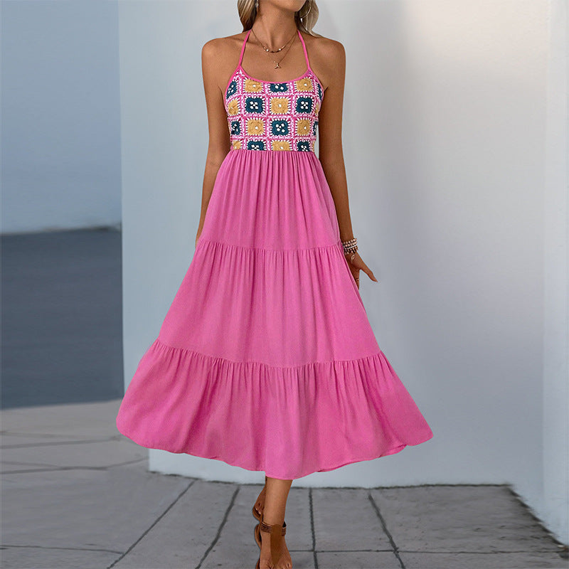 Tiered Maxi Dress with Halter Neck and Patchwork Bodice