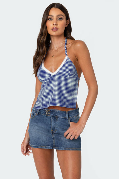 Gingham Backless Halter Top with Lace Trim Detail