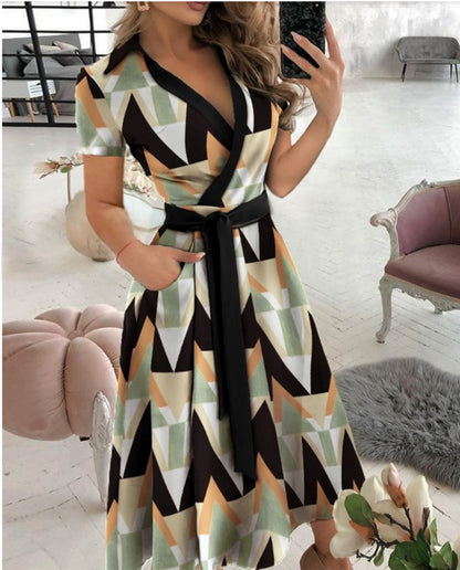Solid Wrap Midi Dress with Collared V-Neck and Tie-Waist