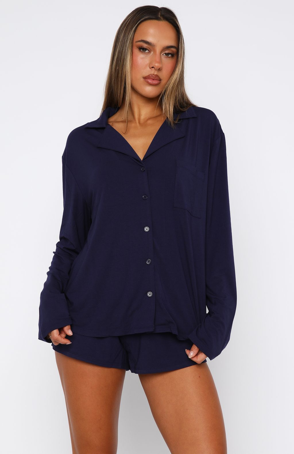 Long Sleeve Pajama Set with Notched Collar and Shorts