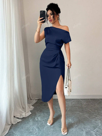 Off-Shoulder Sheath Midi Dress with Ruched Waist and Slit