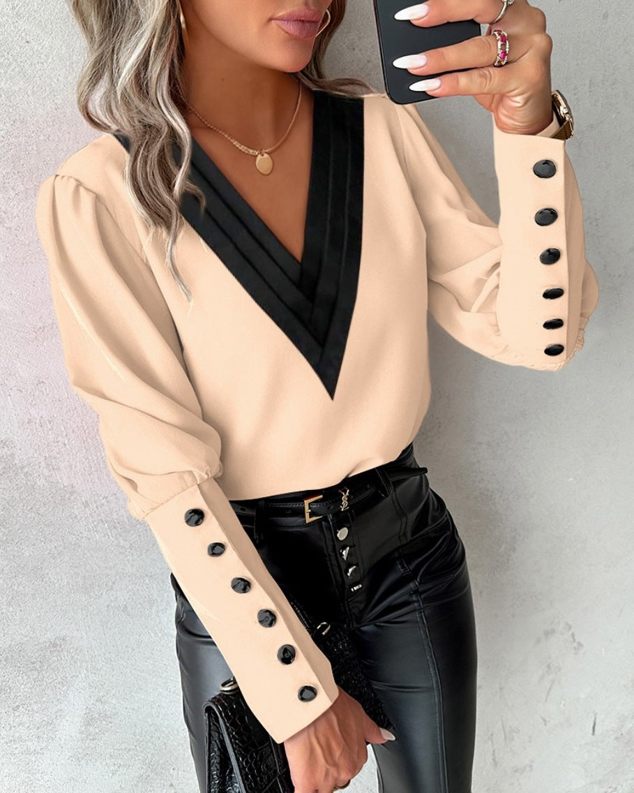 Solid Blouse with Contrast Pleated V-Neck and Button Cuffs